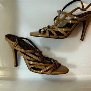 Patent Leather Tan Heels with Design